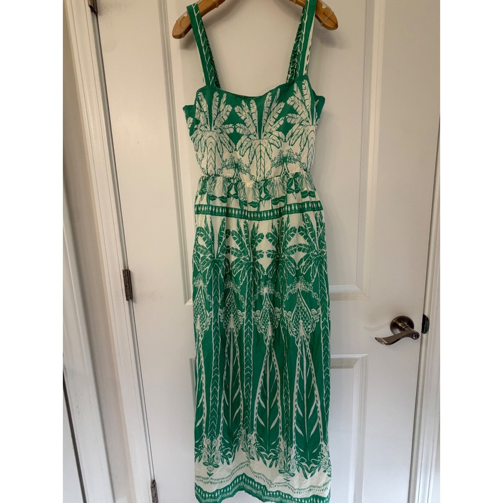 Caballero Green White Tropical Palm Silk Cotton Maxi Dress XS Smocked Back